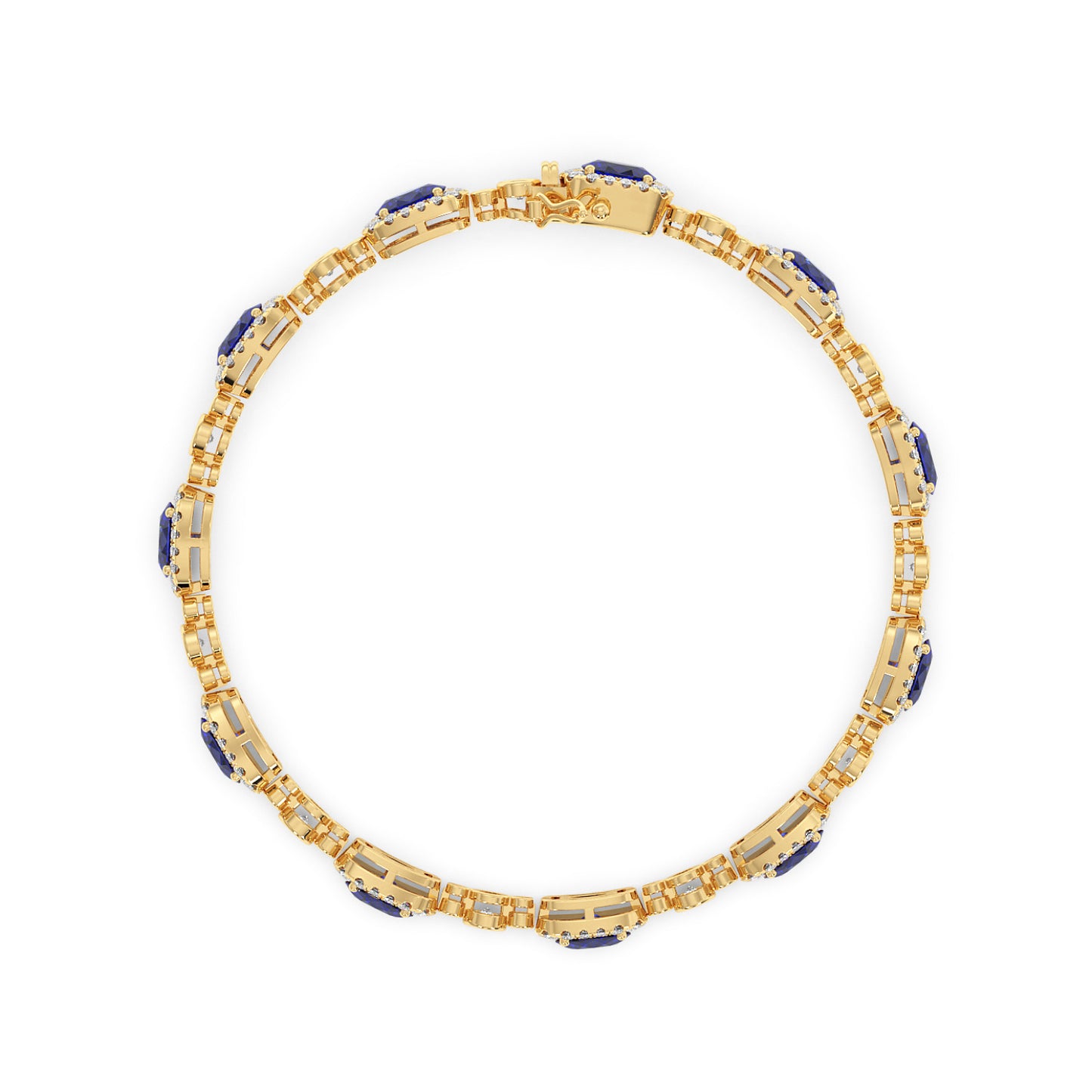 14k gold necklace featuring a series of rectangular links, each adorned with small blue sapphire stones.