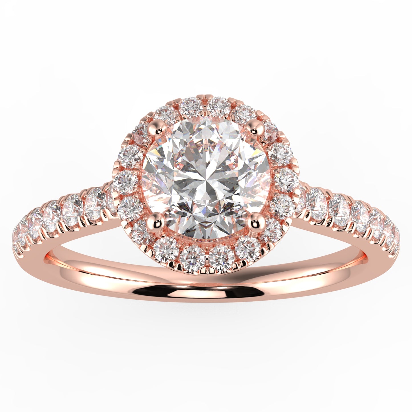 Dahlia ring with central diamond halo and diamonds along 14k rose gold band, elegant and luxurious