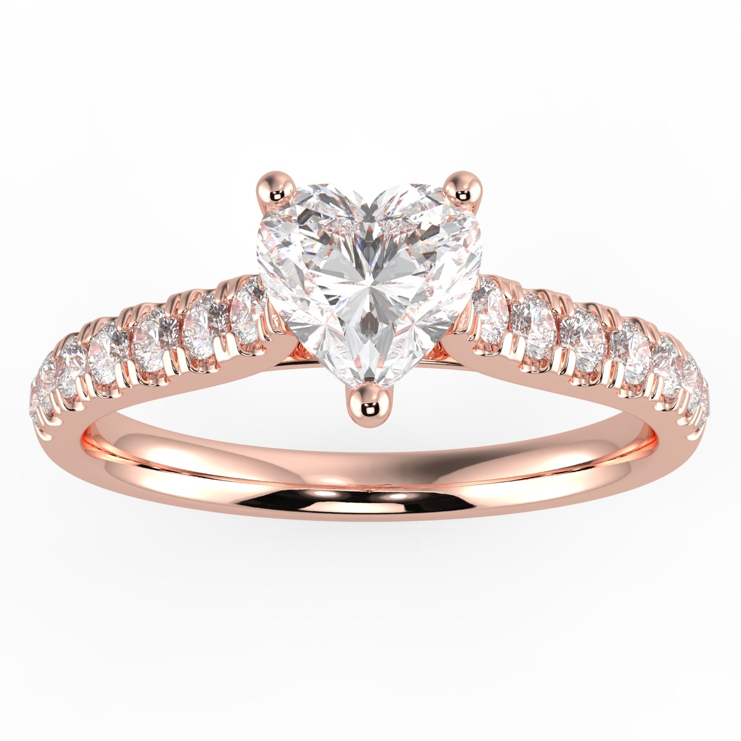 Adeline ring with heart-shaped center diamond and smaller diamonds along 14k rose gold band, elegant and romantic.