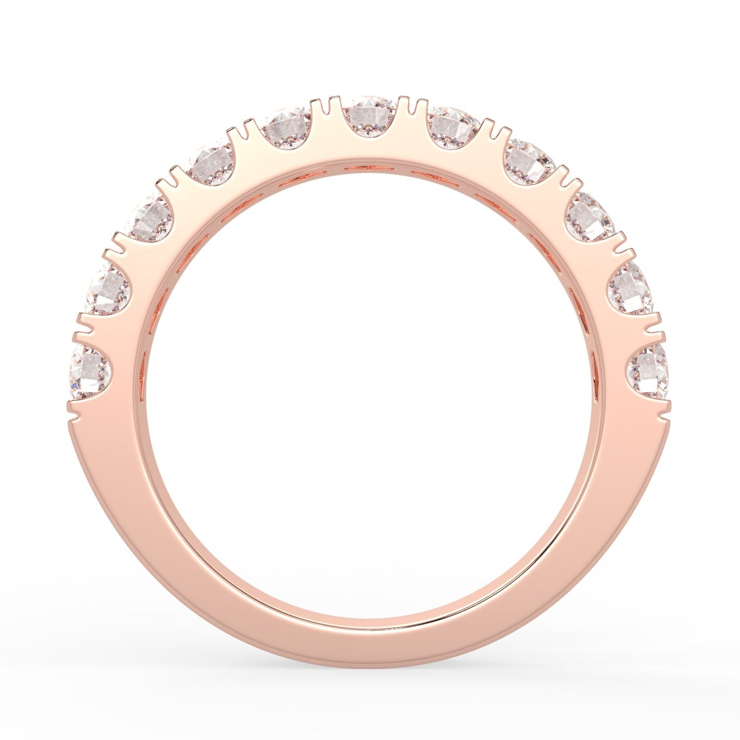 Modern 14k rose gold ring with round diamonds set along the top half of the sleek band.