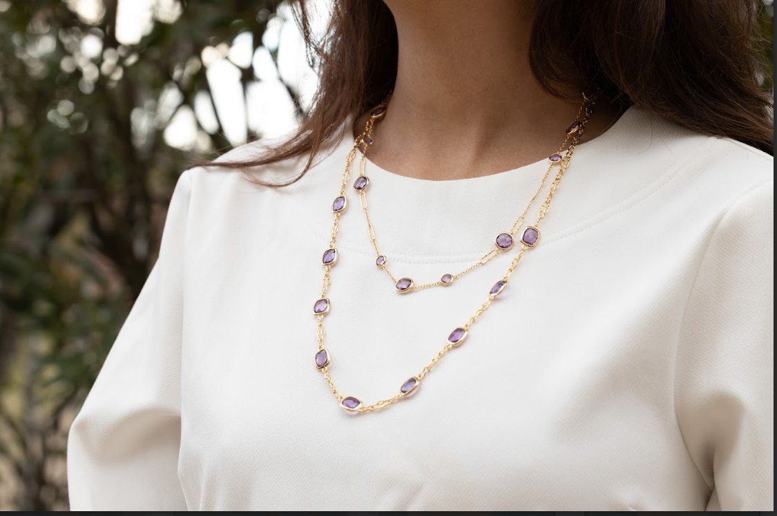 NATURAL GENUINE CANDY COLLECTION NECKLACE WITH AMETHYST 19.63CTW 18K GOLD VERMEILE ON SILVER