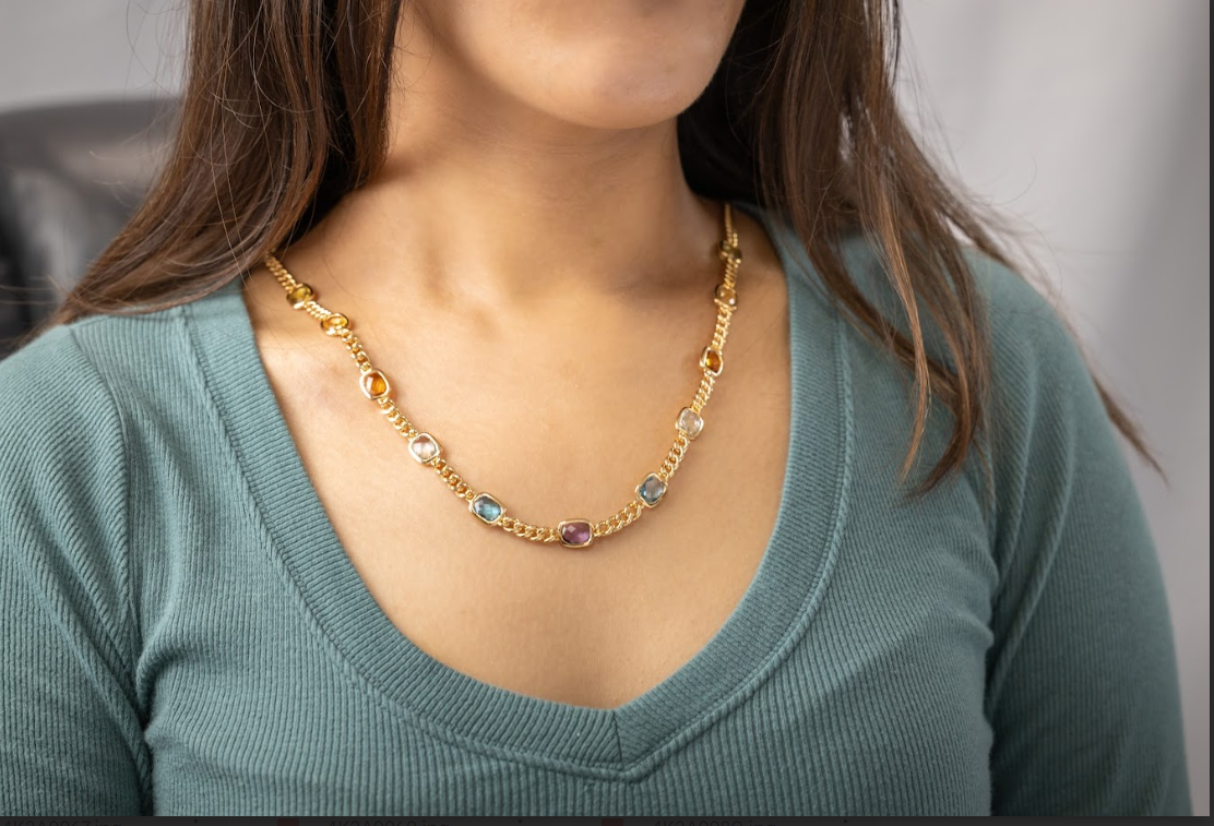NATURAL GENUINE CANDY COLLECTION NECKLACE WITH AMETHYST , BLUE TOPAZ , CITRINE 10.8CTW 18K GOLD VERMEILE ON SILVER