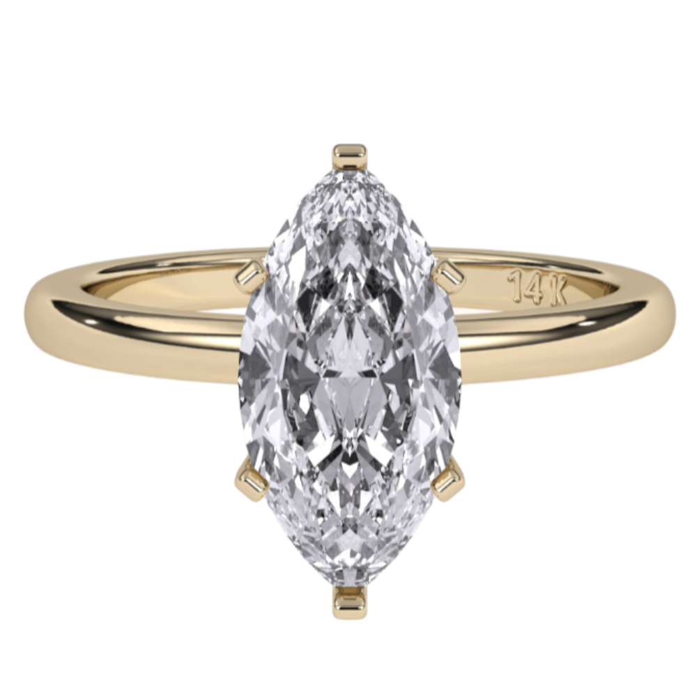 Lorelei ring with marquise-cut center diamond on 14k yellow gold band, elegant and luxurious