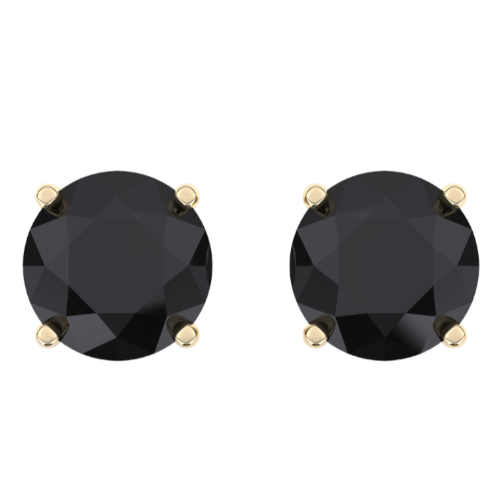 Elegant pair of round black diamond stud earrings in a four-prong 14k gold setting.