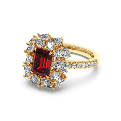 14k gold ring with a 2.50CT red ruby and a halo of sparkling diamonds, featuring a diamond-adorned band for an elegant look