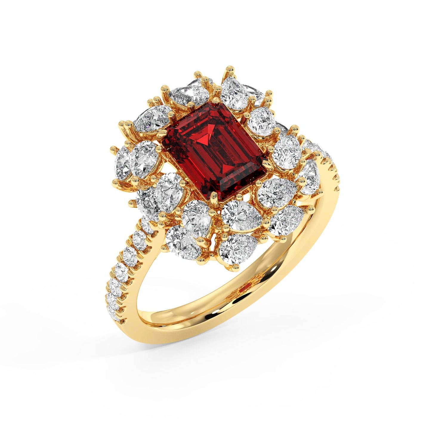 Top view of a 14k gold ring with a 2.50CT red ruby and diamond halo, featuring a diamond-studded band