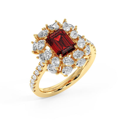 Top view of a 14k gold ring with a 2.50CT red ruby and diamond halo, featuring a diamond-studded band