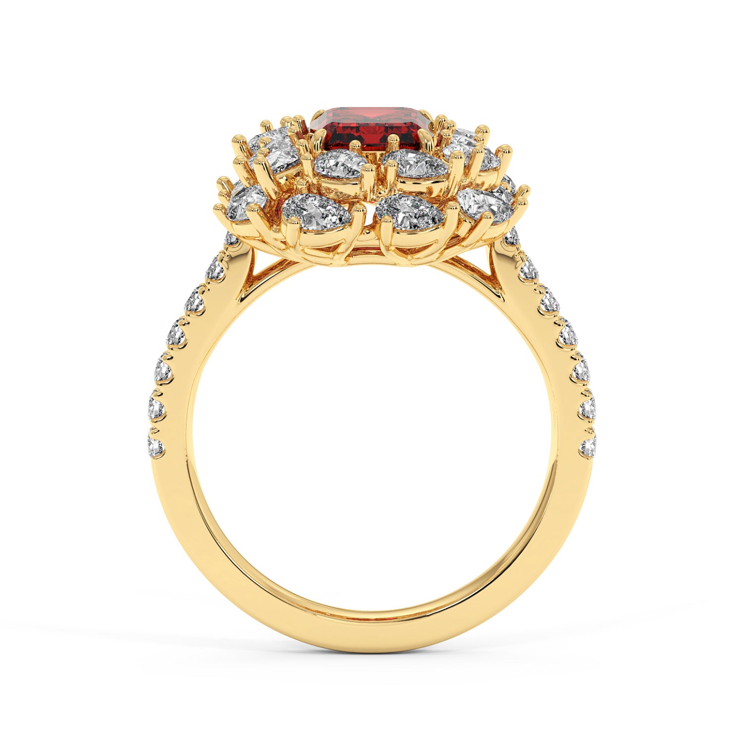 14k gold ring with a raised 2.50CT red ruby surrounded by sparkling diamonds, with diamond accents on the band for an elegant look