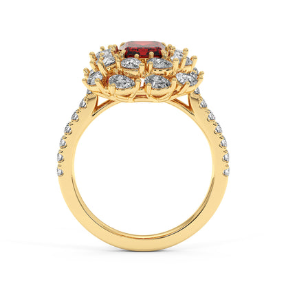 14k gold ring with a raised 2.50CT red ruby surrounded by sparkling diamonds, with diamond accents on the band for an elegant look