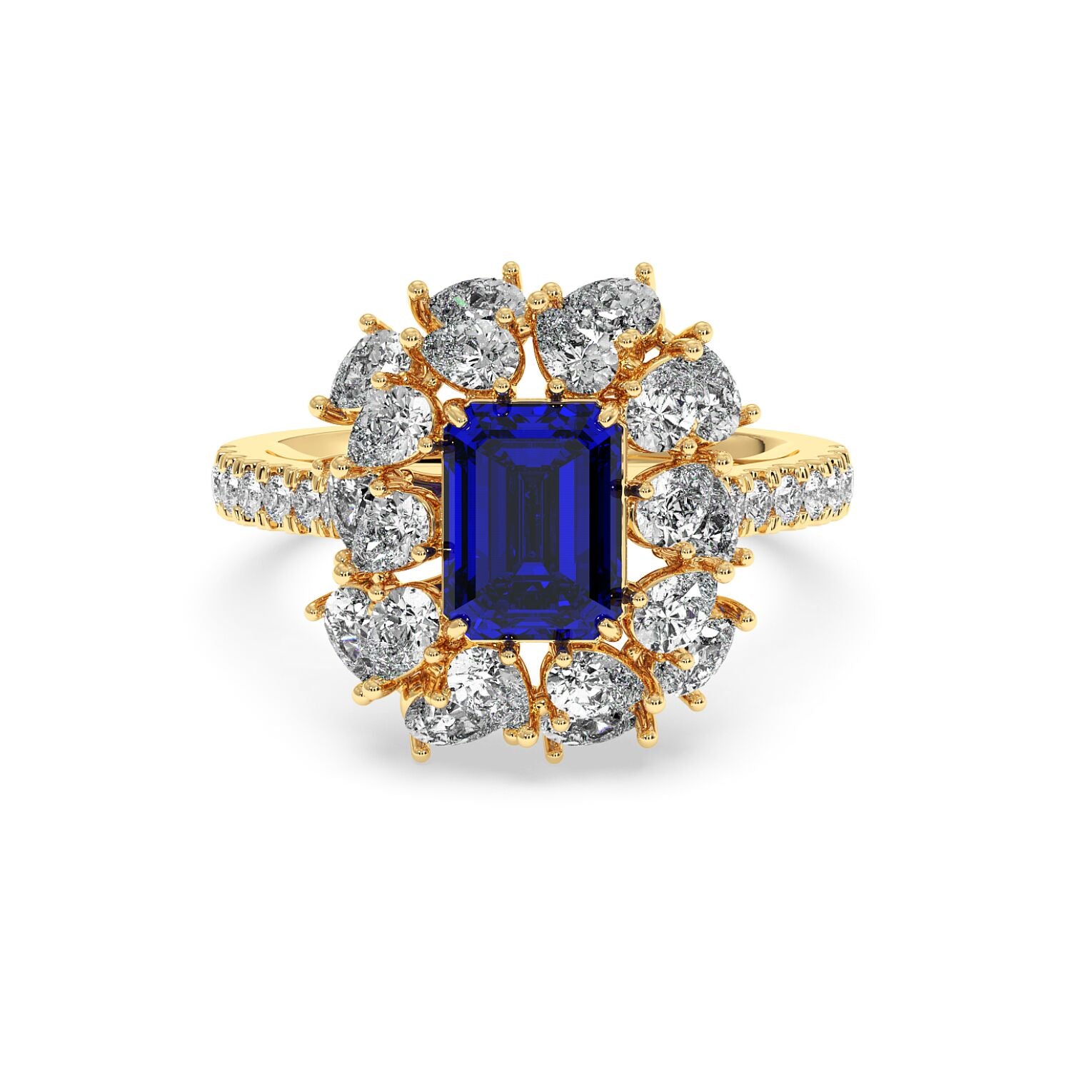 14k gold ring with a 2.50CT blue sapphire and halo diamonds, featuring a diamond-adorned band for a luxurious look.