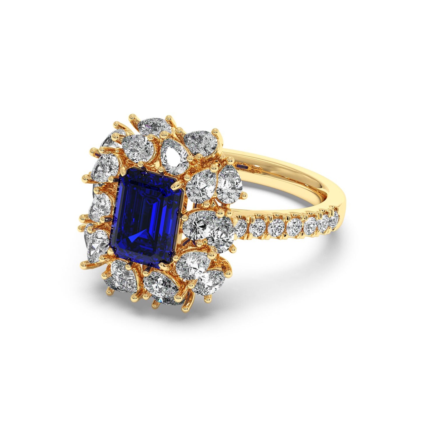 14k gold ring with 2.50CT blue sapphire and halo diamonds, featuring diamond-adorned band for elegant sparkle