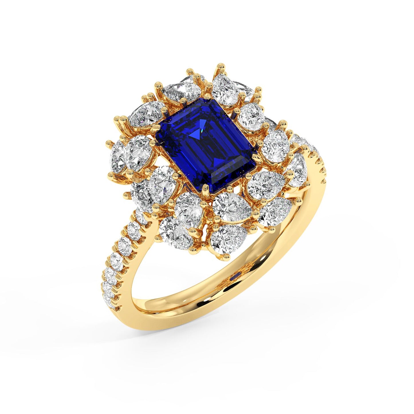 Top view of a 14k gold ring with a 2.50CT blue sapphire and halo diamonds, featuring a diamond-adorned band for a luxurious look.