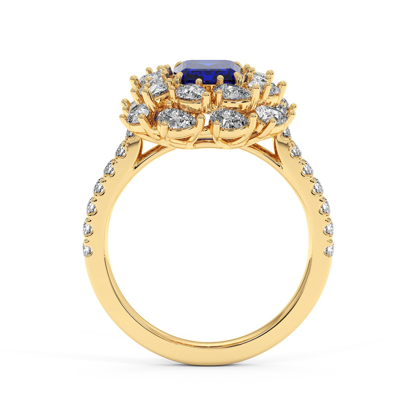 14k gold ring with 2.50CT blue sapphire and halo diamonds, with diamond-adorned band for an elegant look
