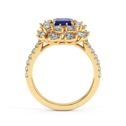 14k gold ring with 2.50CT blue sapphire and halo diamonds, with diamond-adorned band for an elegant look