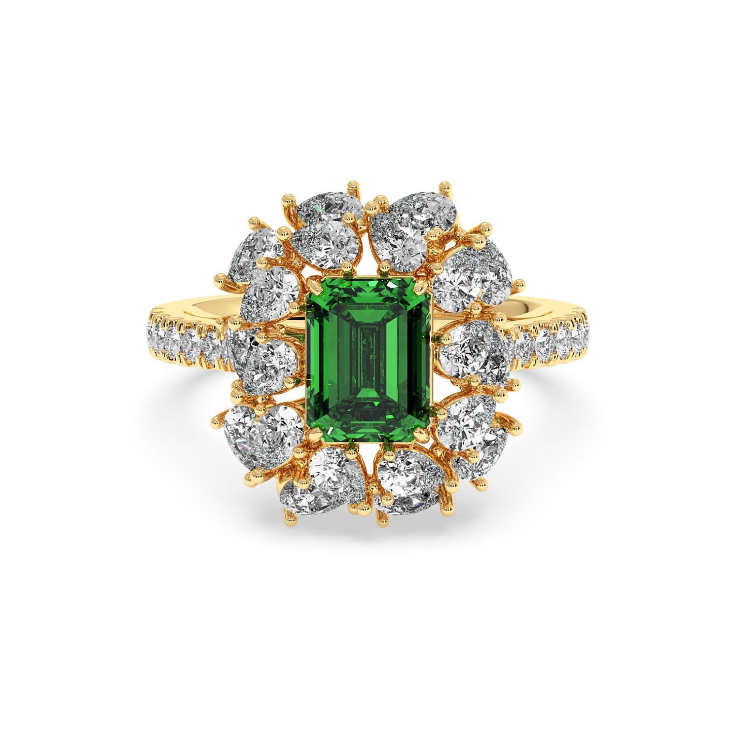 14k gold ring with a 2.50CT green YAG emerald-cut gem and diamond halo on a diamond-studded band, elegant and luxurious