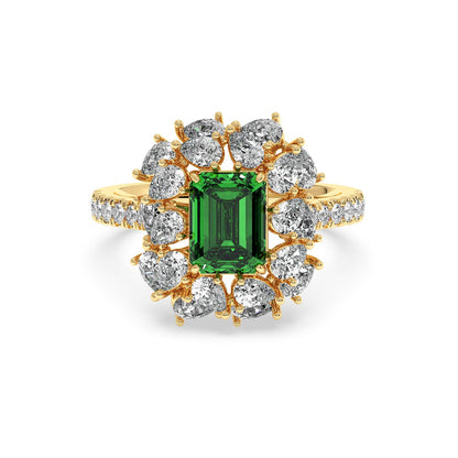 14k gold ring with a 2.50CT green YAG emerald-cut gem and diamond halo on a diamond-studded band, elegant and luxurious