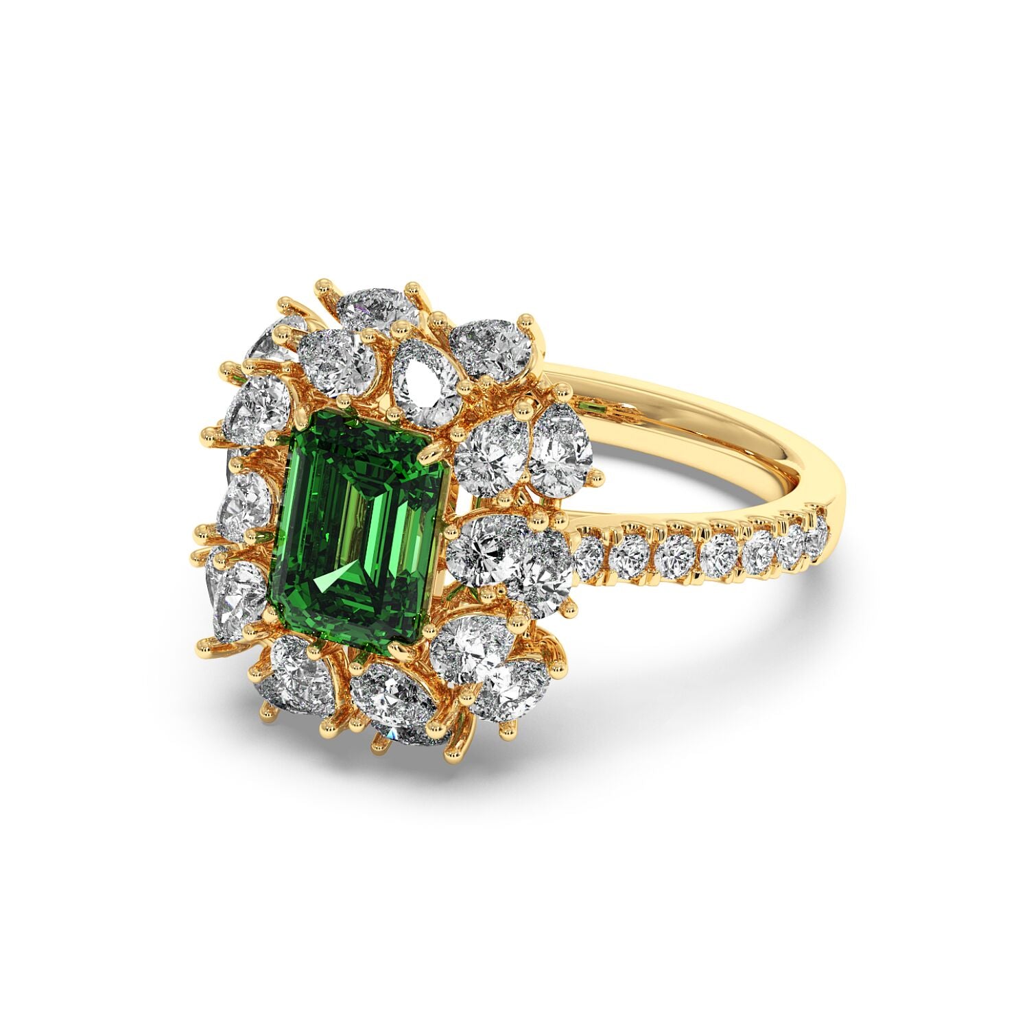 14k gold ring with 2.50CT green YAG emerald-cut center and a halo of sparkling diamonds on a diamond-studded band