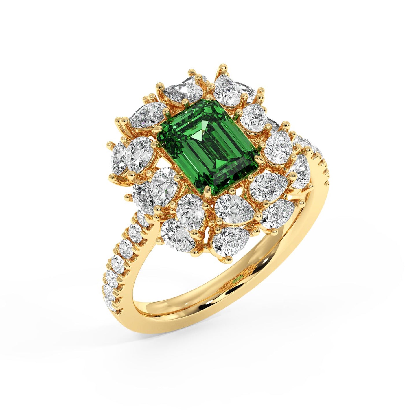 Top view of a 14k gold ring with a 2.50CT green YAG emerald-cut gem and diamond halo on a diamond-studded band