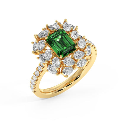 Top view of a 14k gold ring with a 2.50CT green YAG emerald-cut gem and diamond halo on a diamond-studded band