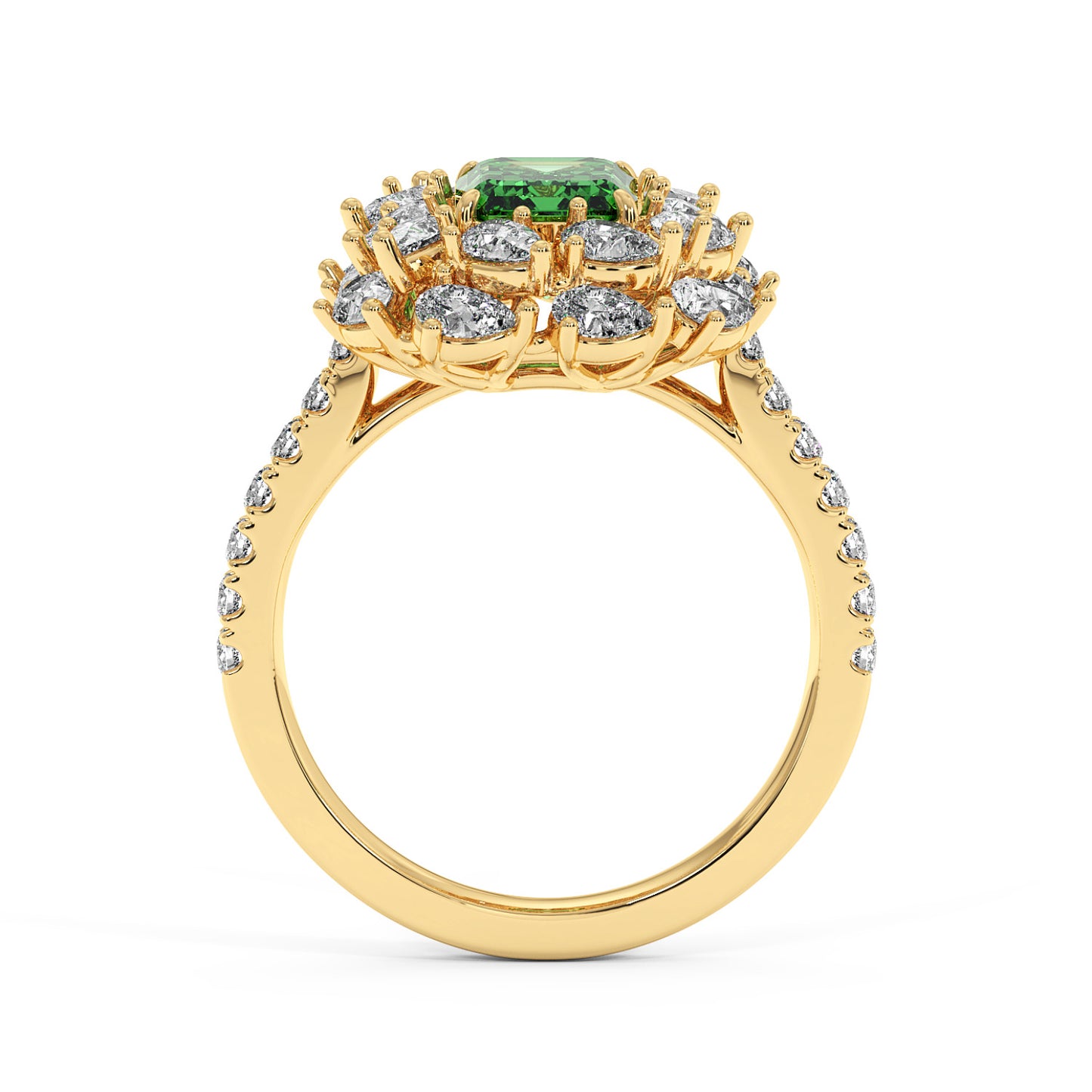 Elegant 14k gold ring featuring a 2.50CT green YAG rectangular gem surrounded by brilliant white diamonds