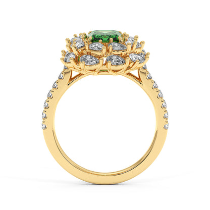 Elegant 14k gold ring featuring a 2.50CT green YAG rectangular gem surrounded by brilliant white diamonds