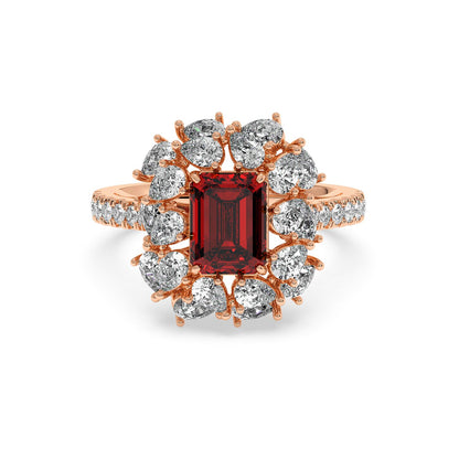 14k rose gold ring with a 2.50CT red ruby and halo diamonds, showcasing an elegant and luxurious design