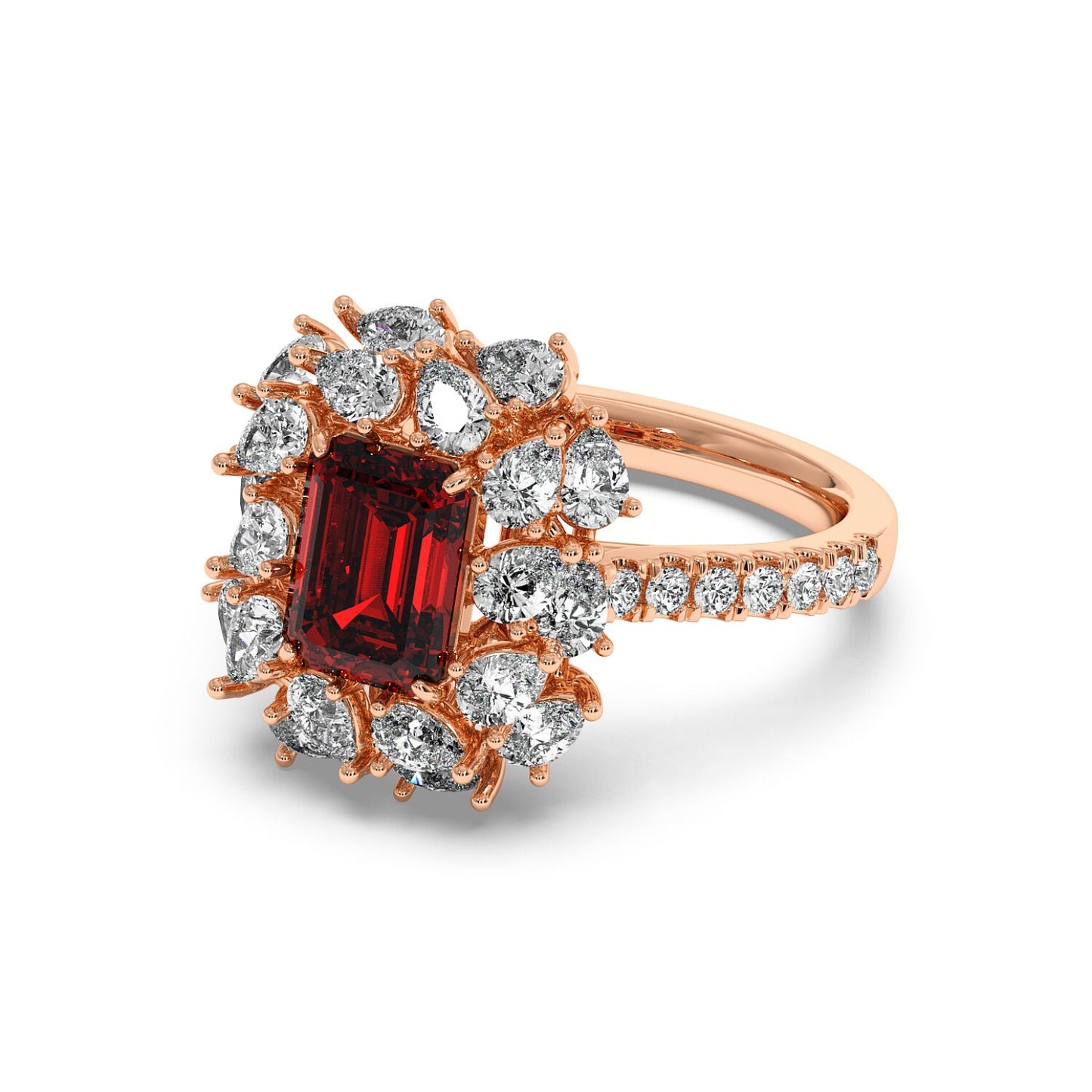 14k rose gold ring with 2.50CT red ruby and diamond halo, showcasing an elegant and luxurious design