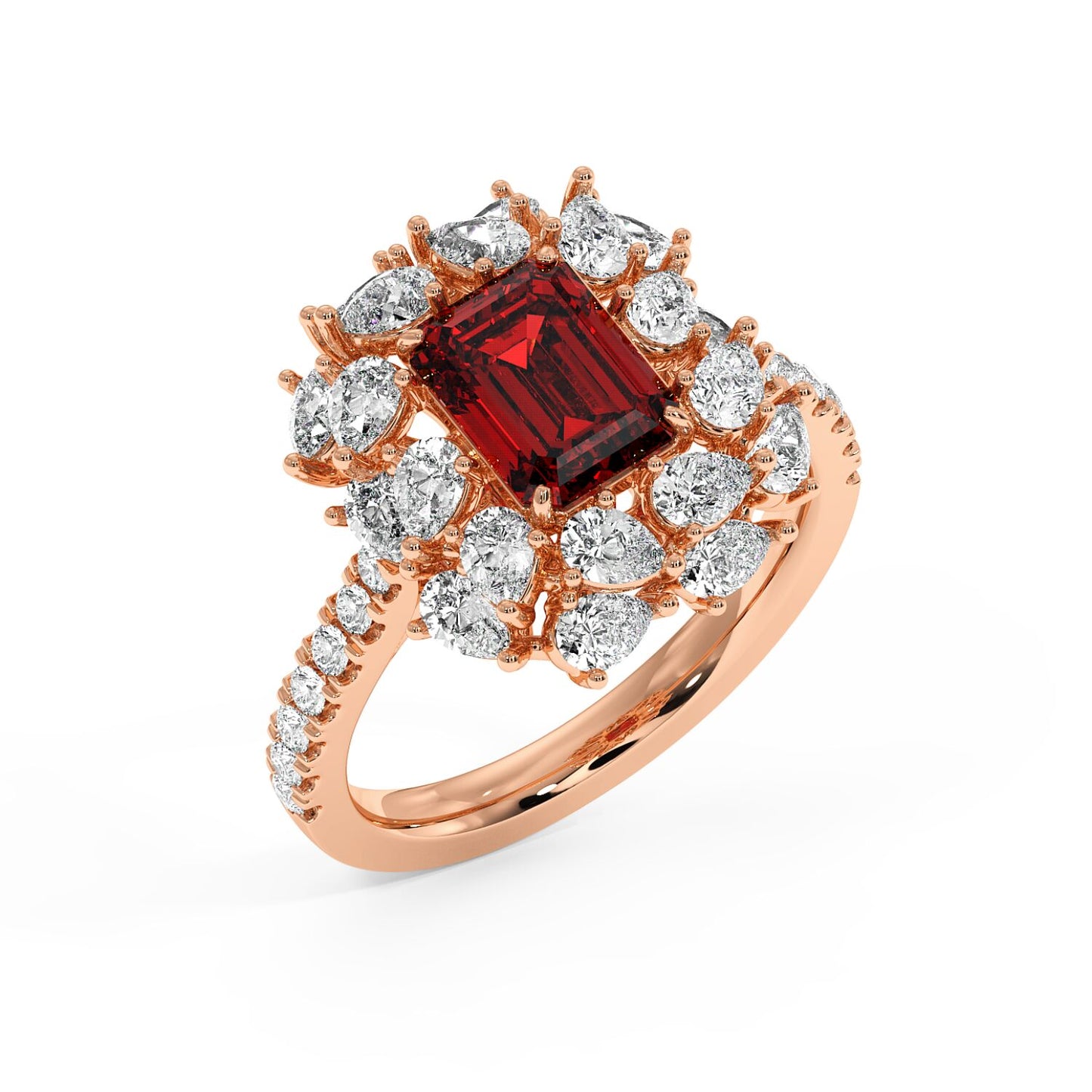 Top view of a 14k rose gold ring with a 2.50CT red ruby and halo diamonds, showcasing an elegant and luxurious design