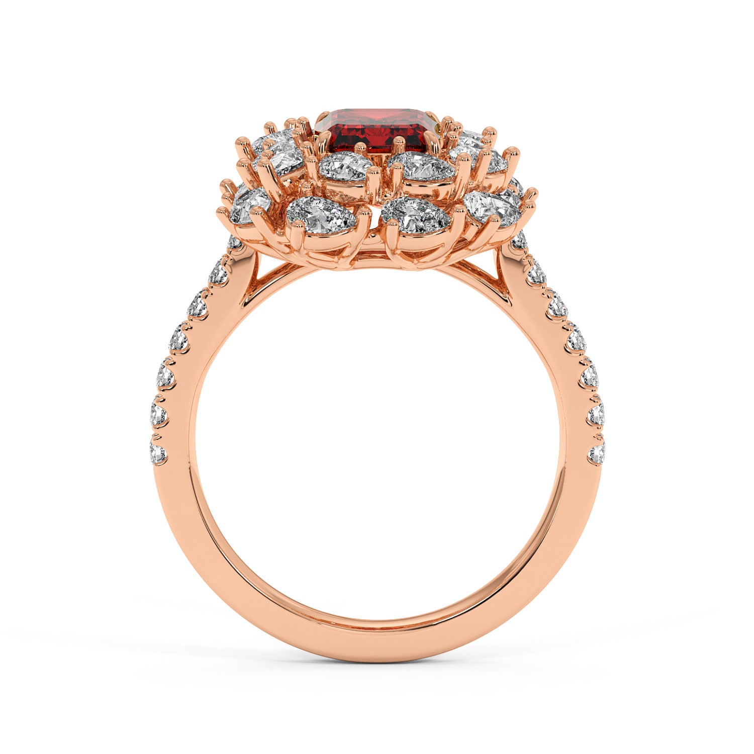 14k rose gold ring with a 2.50CT red ruby and a diamond halo, elegant and luxurious