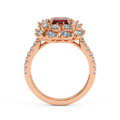 14k rose gold ring with a 2.50CT red ruby and a diamond halo, elegant and luxurious
