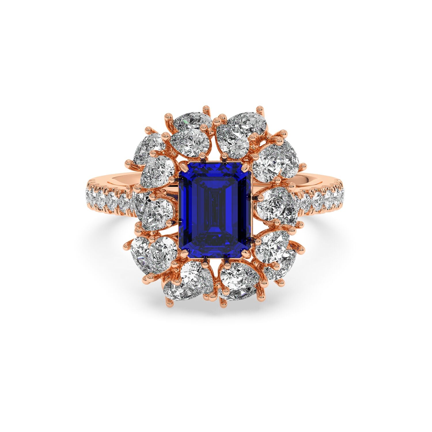 14k rose gold ring with 2.50CT blue sapphire and a halo of round diamonds, offering an elegant, luxurious look