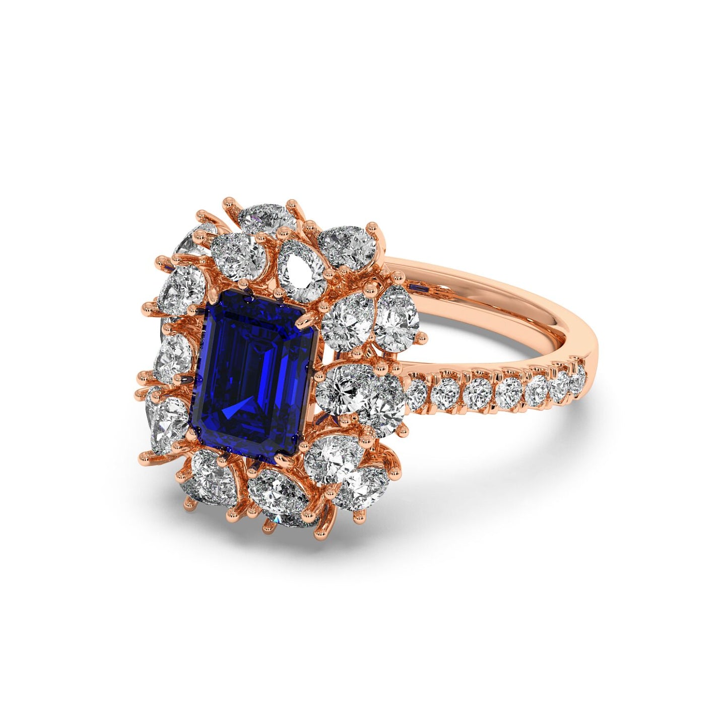 Rose gold ring with an emerald-cut 2.50CT blue sapphire and halo diamonds in 14k rose gold, elegant and luxurious