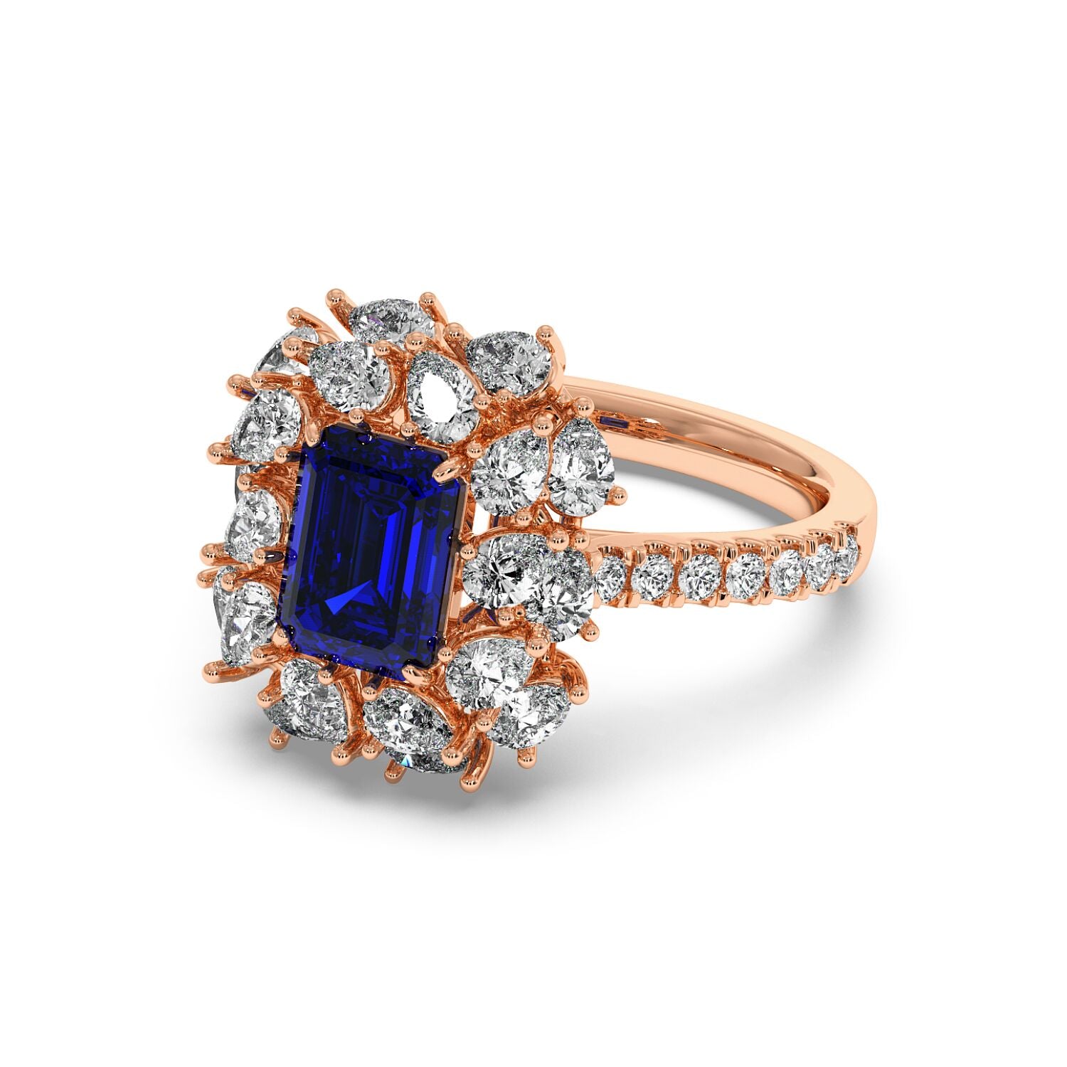 Rose gold ring with an emerald-cut 2.50CT blue sapphire and halo diamonds in 14k rose gold, elegant and luxurious