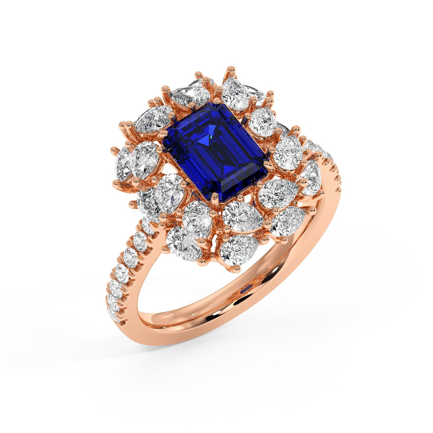 Top view of a 14k rose gold ring with 2.50CT blue sapphire and a halo of round diamonds, offering an elegant, luxurious look