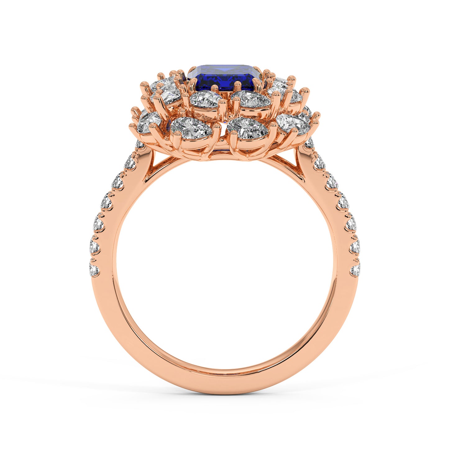 14k rose gold ring with 2.50CT emerald-cut blue sapphire and diamond halo for an elegant, luxurious look