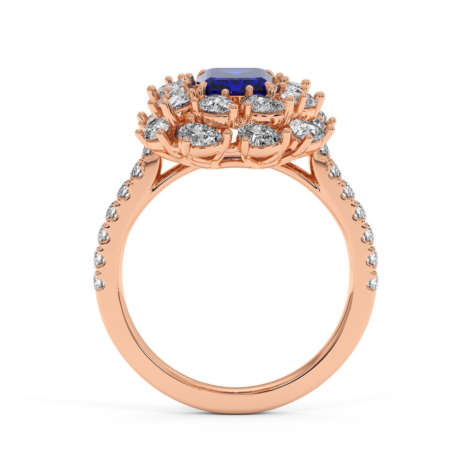 14k rose gold ring with 2.50CT emerald-cut blue sapphire and diamond halo for an elegant, luxurious look