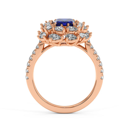 14k rose gold ring with 2.50CT emerald-cut blue sapphire and diamond halo for an elegant, luxurious look
