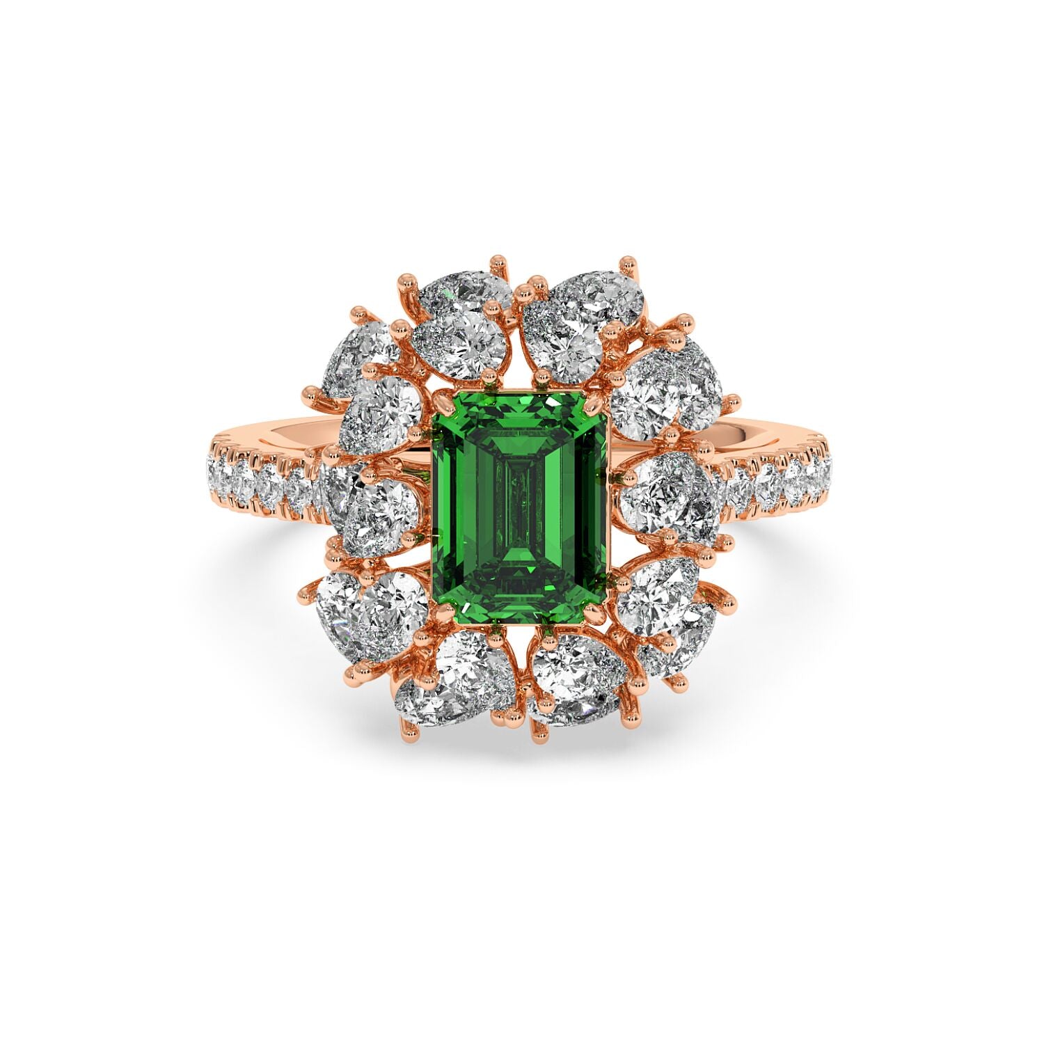 14k rose gold ring with a 2.50CT green YAG emerald-cut center stone and sparkling diamonds in a floral halo for an elegant look.
