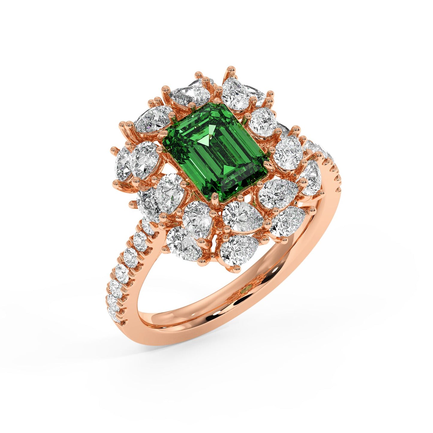 Top view of a 14k rose gold ring with a 2.50CT green YAG emerald-cut center stone and sparkling diamonds in a floral halo for an elegant look.