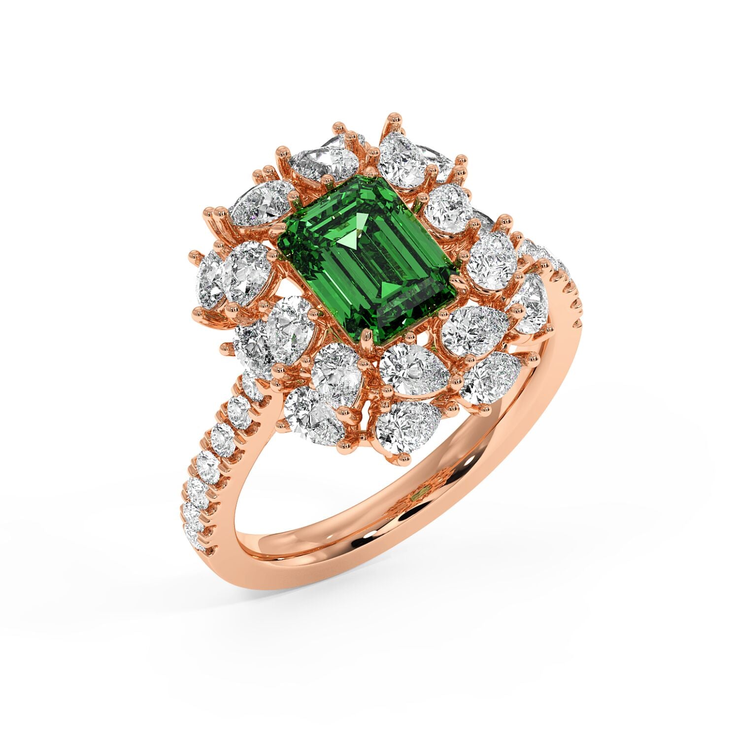 Top view of a 14k rose gold ring with a 2.50CT green YAG emerald-cut center stone and sparkling diamonds in a floral halo for an elegant look.