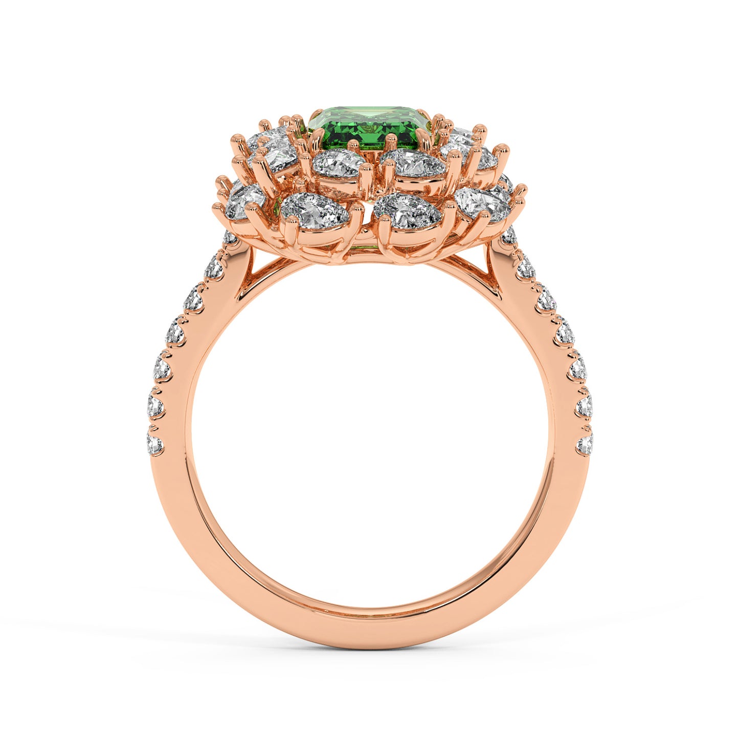 14k rose gold ring with 2.50CT green YAG cushion-cut gem and diamond floral halo, elegant and luxurious.