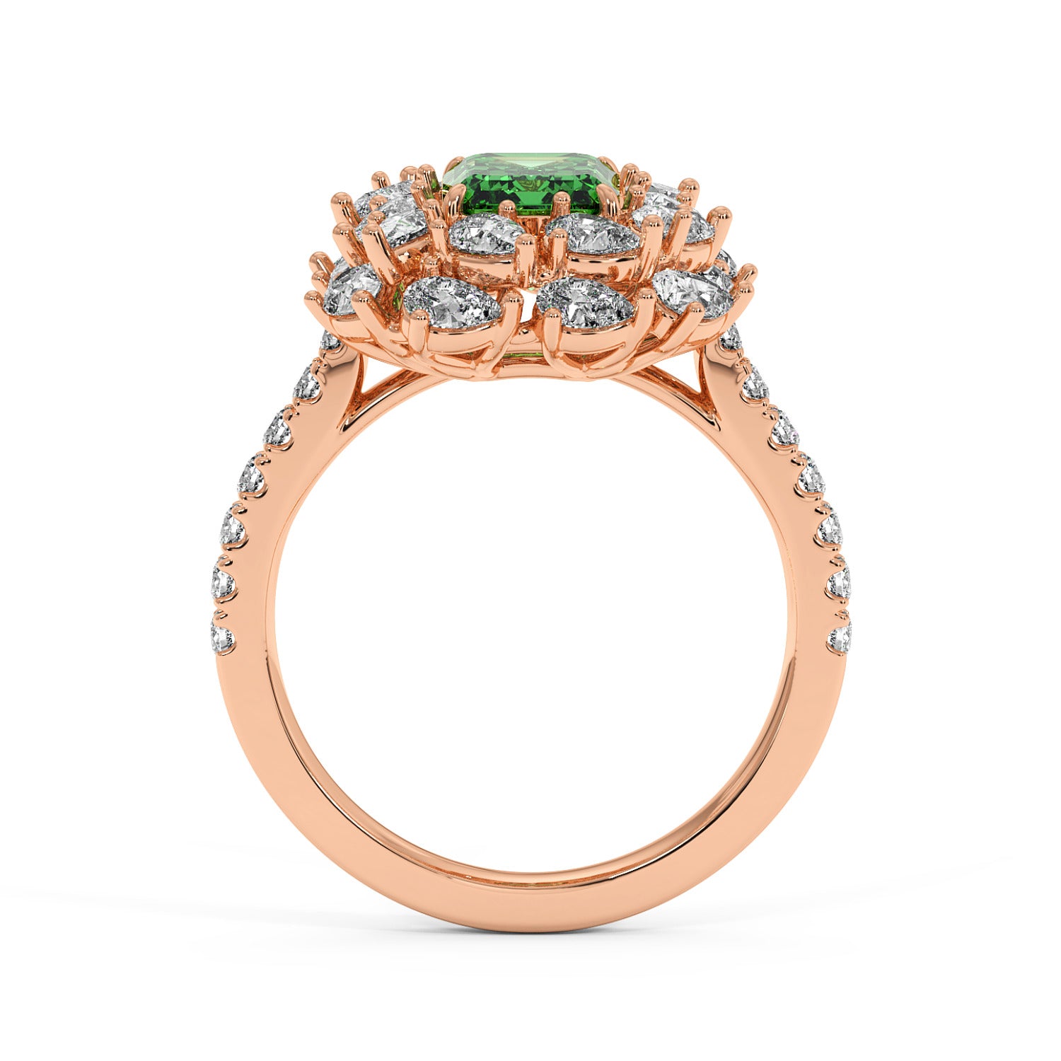 14k rose gold ring with 2.50CT green YAG cushion-cut gem and diamond floral halo, elegant and luxurious.