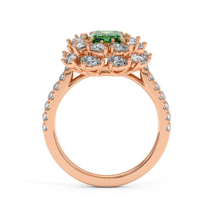 14k rose gold ring with 2.50CT green YAG cushion-cut gem and diamond floral halo, elegant and luxurious.
