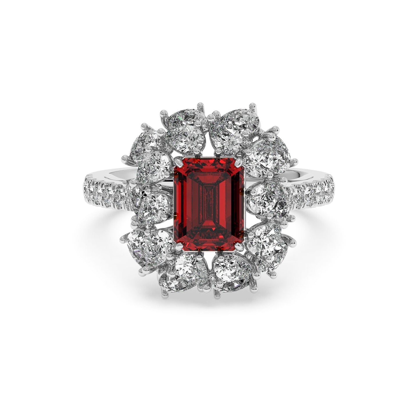 14k white gold ring with 2.50CT red ruby and halo diamonds, featuring a rectangular center stone and diamond-adorned band