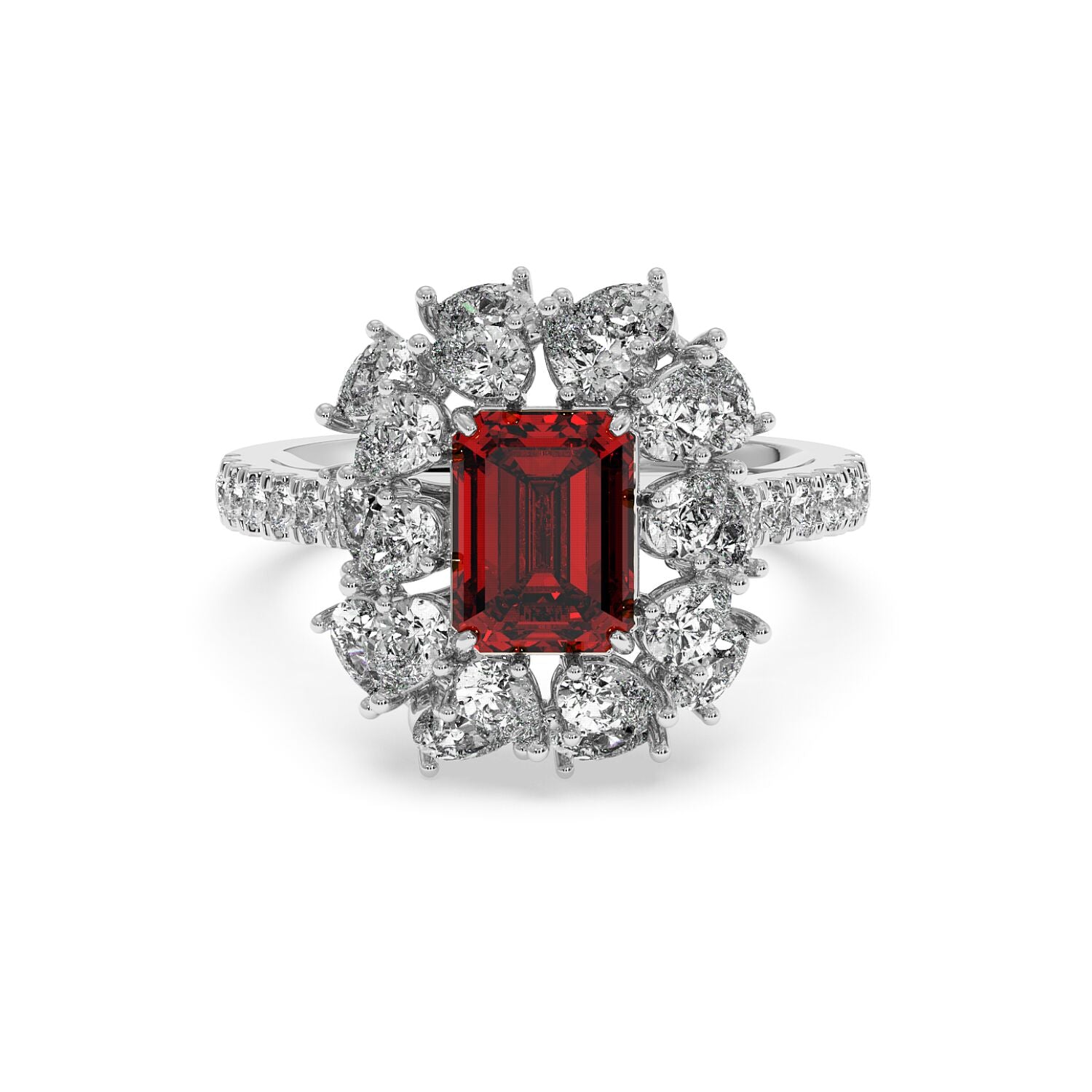 14k white gold ring with 2.50CT red ruby and halo diamonds, featuring a rectangular center stone and diamond-adorned band
