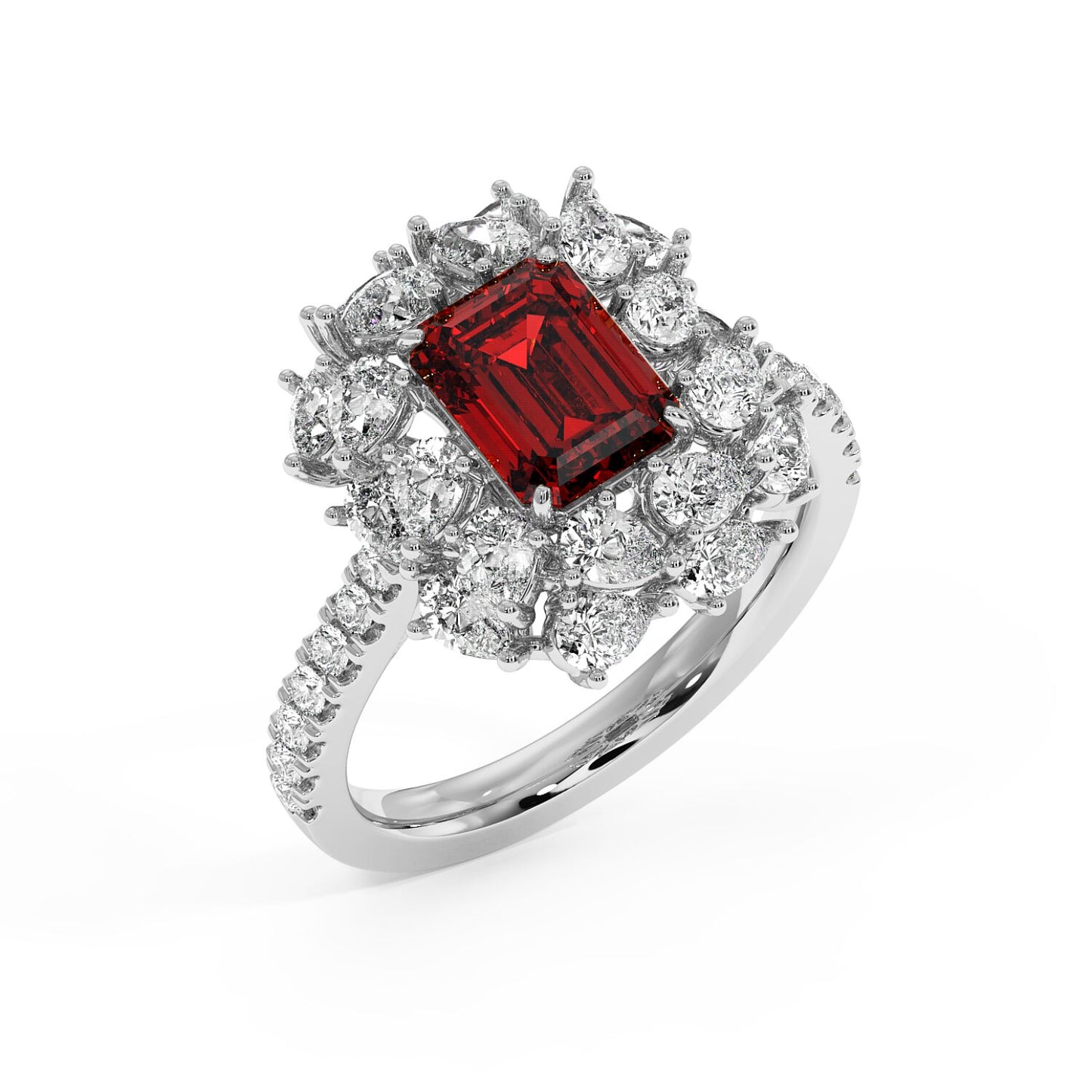 Top view of a 14k white gold ring with 2.50CT red ruby and halo diamonds, featuring a rectangular center stone and diamond-adorned band