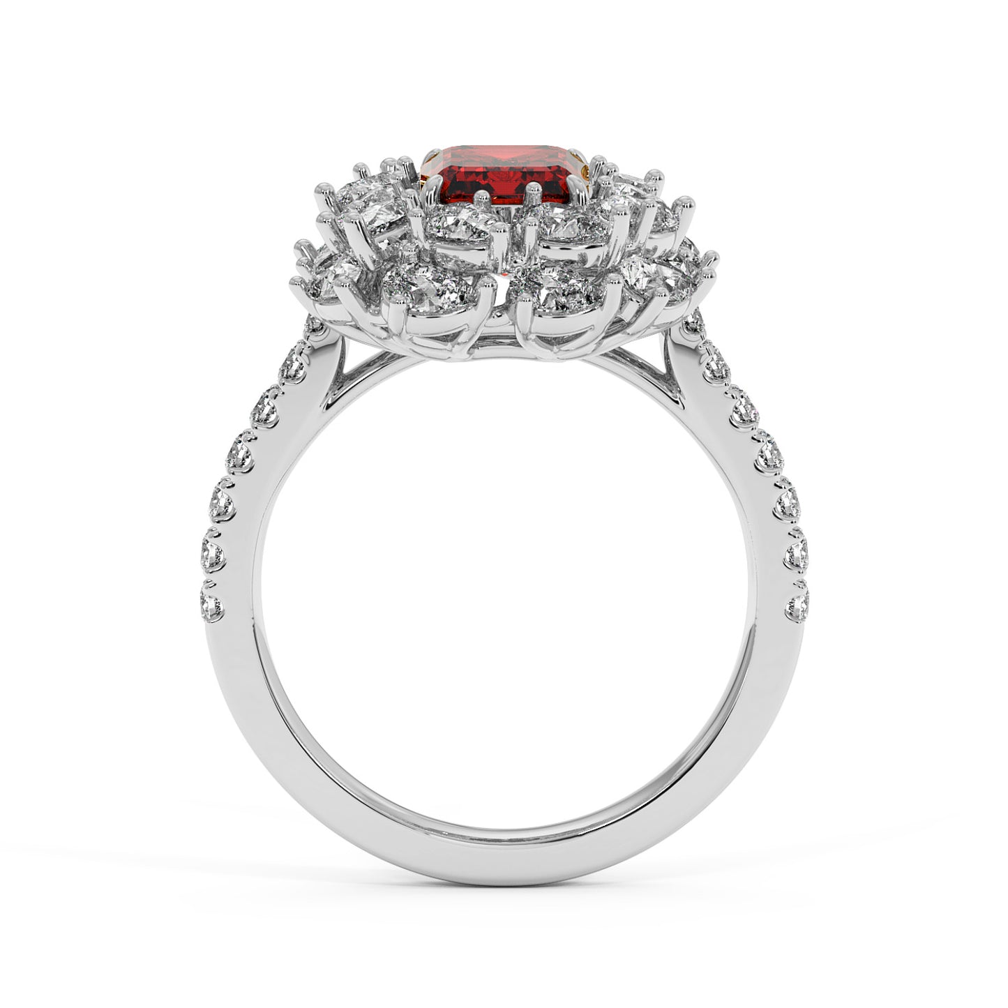 An elegant 14k white gold ring with a 2.50CT red ruby and sparkling round diamonds on the halo and band