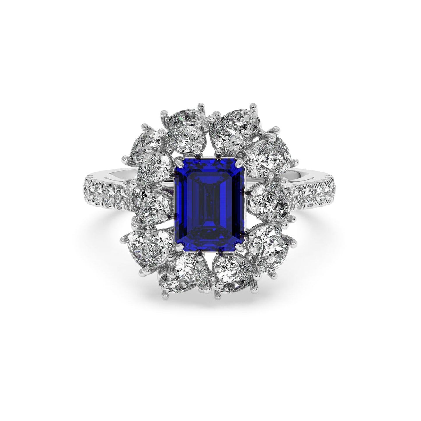 Elegant 14k white gold ring with a 2.50CT blue sapphire and round diamonds on the halo and band, offering a luxurious, sophisticated design