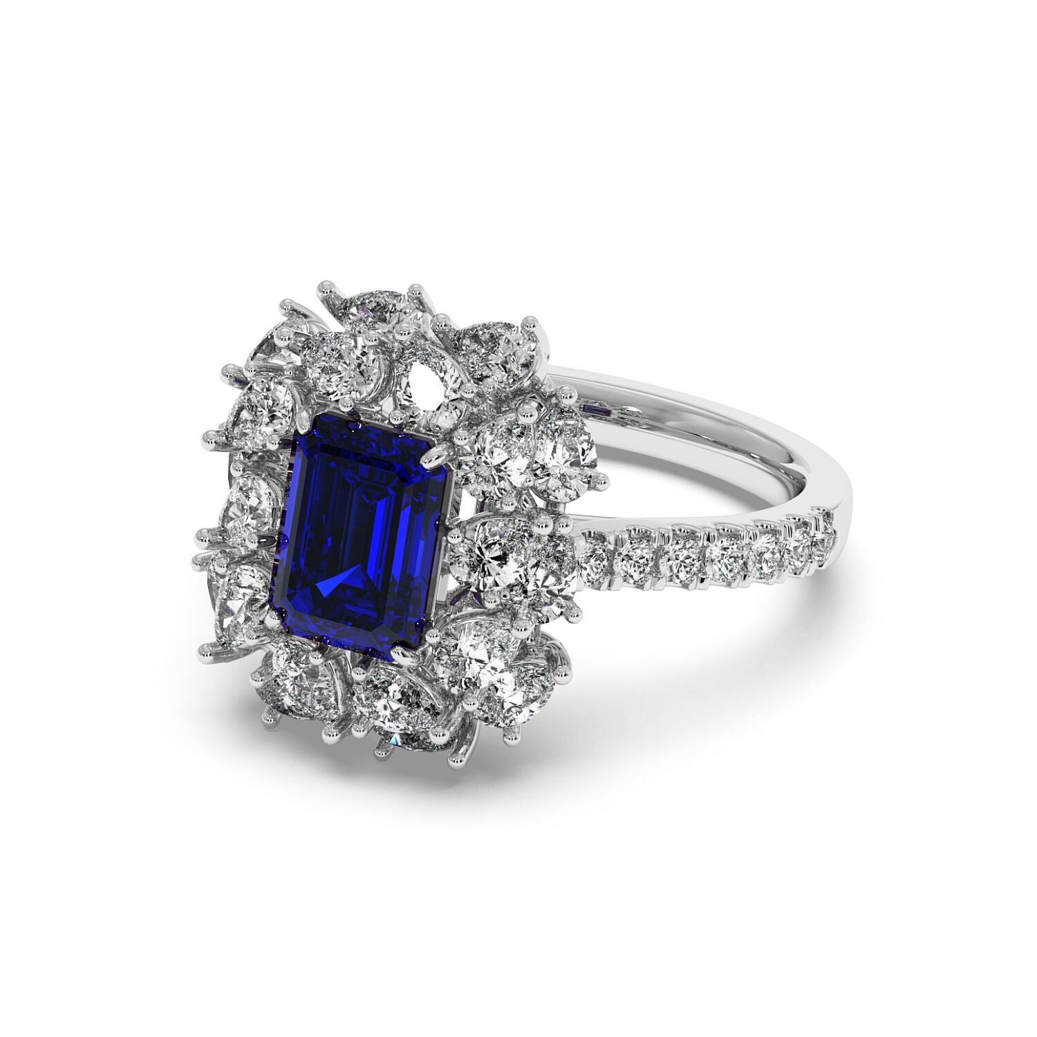 14k white gold ring with a 2.50CT blue sapphire and clear diamonds in a rectangular halo design, elegant and luxurious