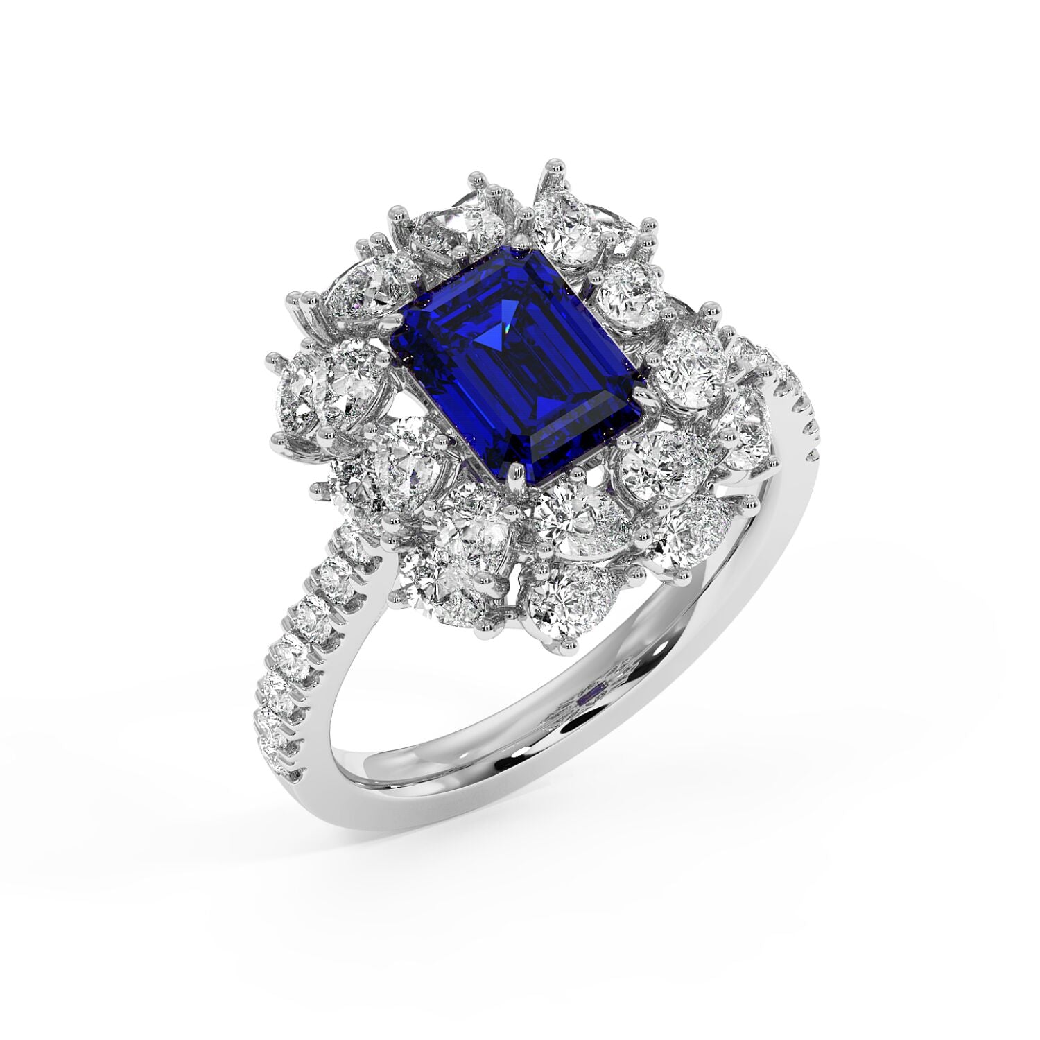 top view of a 14k white gold ring with a 2.50CT blue sapphire and round diamonds on the halo and band